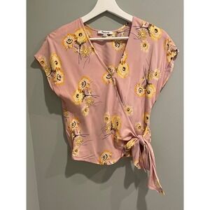 Madewell XS Floral Wrap Top‎ Short Sleeve Pink Yellow Sunflower Blouse